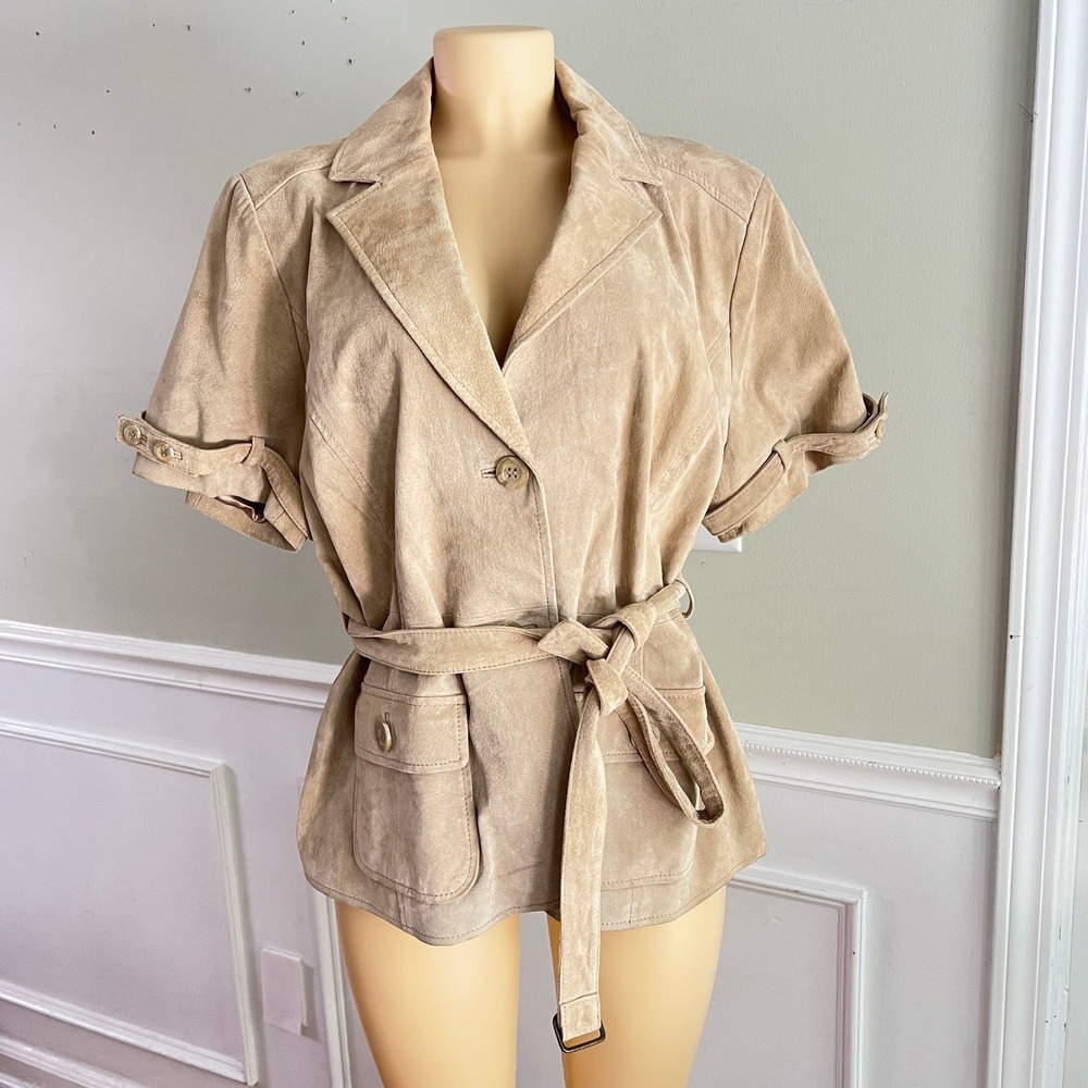 Bradley Suede Safari Jacket Women Short Sleeve Belted Tan Retro Western Boho